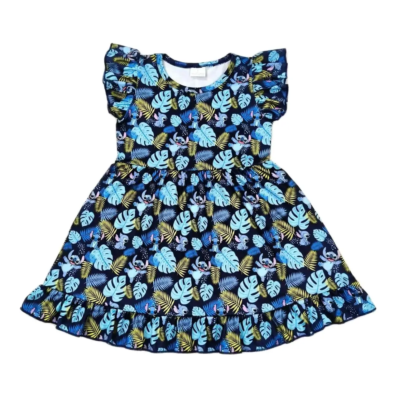 GSD0863 Fashionable And Good-Looking  Girls Dresses  Flying Sleeves Top Cartoon Stitch Leave  Print With  Dress Children Clothes