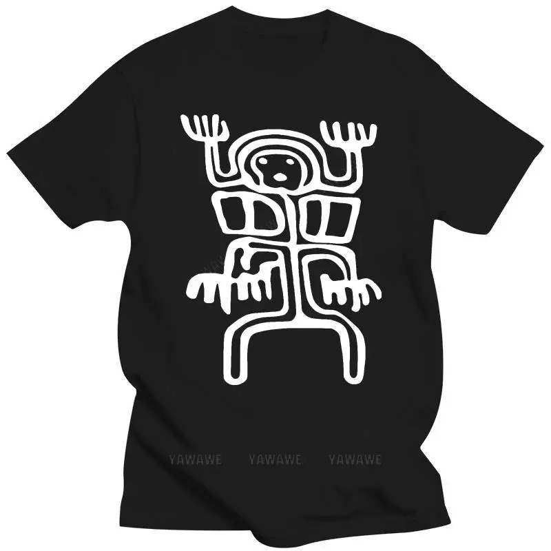 Men's cotton tee shirts Printed Men T Shirt Cotton tshirt O-Neck Short-Sleeve Women T-Shirt tribal alien petroglyph white