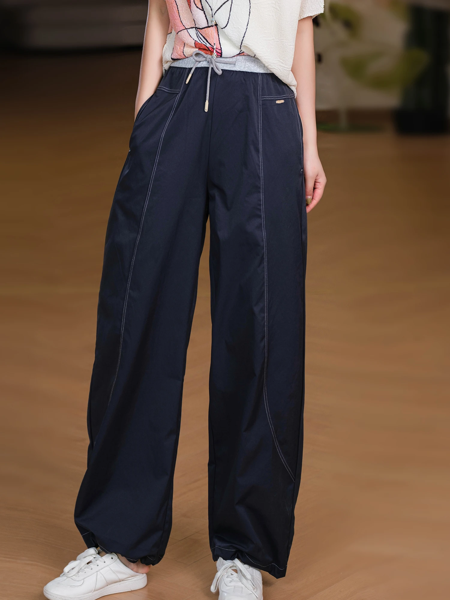 

Iceberg Coffee Pants Straight Leg Pants Elastic Waist Two-Way Wear Foot Loose Polyester Fiber Breathable Color Block Ladies C...