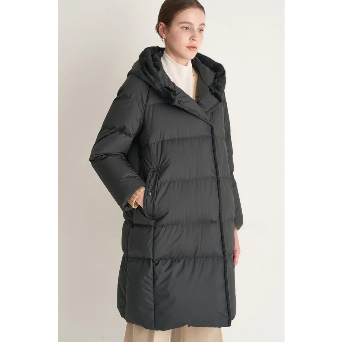 暖かいグースダウンパファージャケット、フード付き、厚手、通勤用、ミドル丈コート、韓国版、シングルボタン、ロングスリーブ