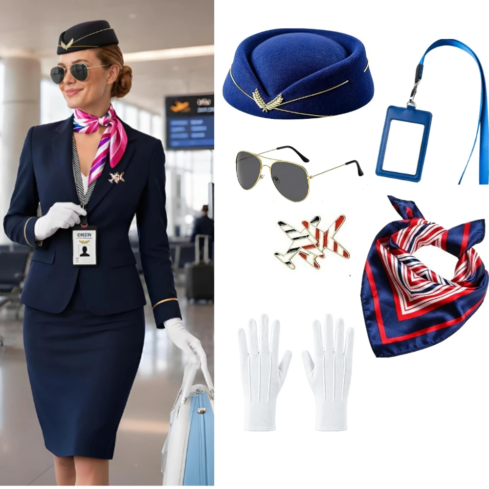 6PCS/SET Flight Attendant Costume Accessories, 6 Pcs Airline Stewardess Costume for Women Girls Halloween Cosplay Party