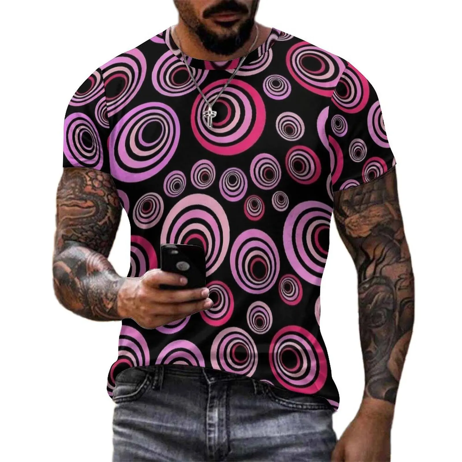 Pink Black Swirl Circles T Shirt Vintage T-Shirts Short-Sleeve Graphic Tshirt Dropshipping Summer Streetwear Big Size Clothes