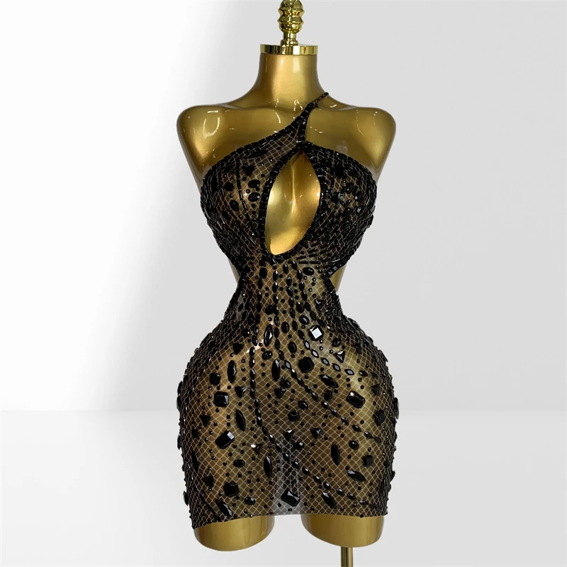 

Sparkling Diamonds Sexy Hollow Out Blackless Mesh See Through Mini Dress Fashion Woman Birthday Party Dress Performance Costume