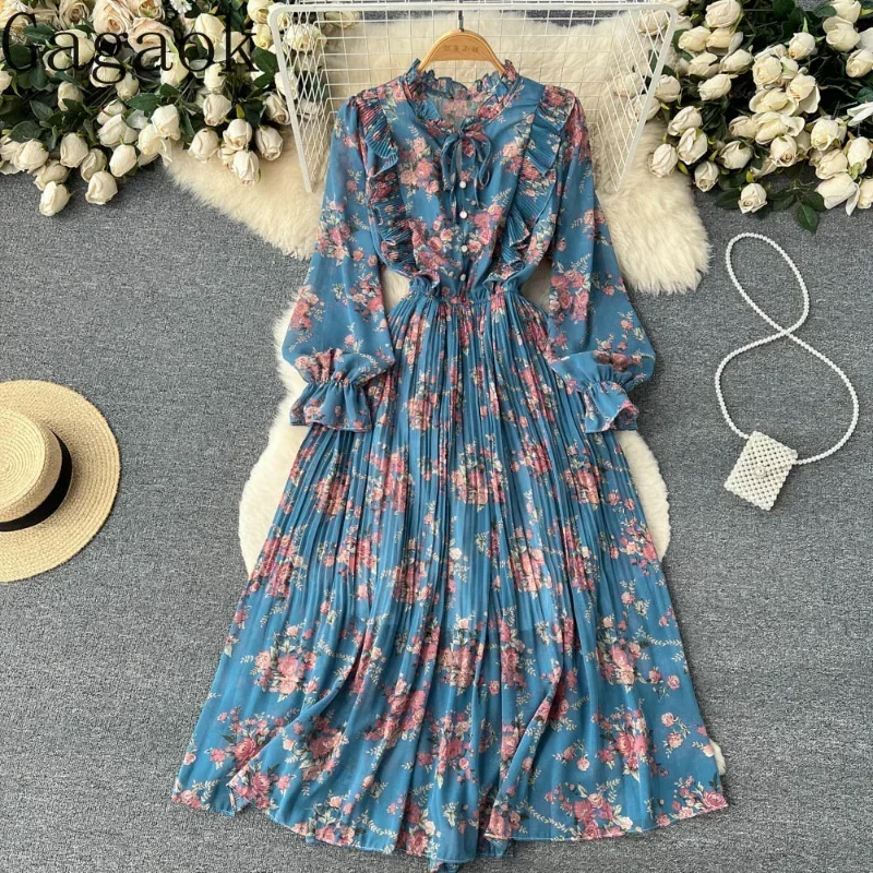 Gagaok Print Dresses Women Spring Autumn New V Neck Ruffles Lace Up Midi Dress French Elegant Chic Sweet Wild Vestidos