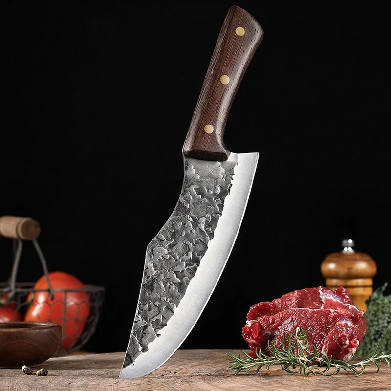 Handmade Stainless Steel Kitchen Knife Meat Cleaver Butcher Knife Hammer Pattern Slicing Knife Wood Handle Utility Knife