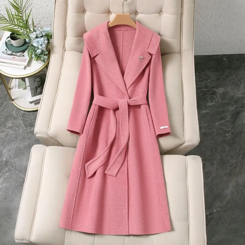 

High-end Double-sided Wool Woolen Coat Woolen Autumn Winter New Long Temperament Lapel Warm Woolen Coat Overcoat Outwear Lady