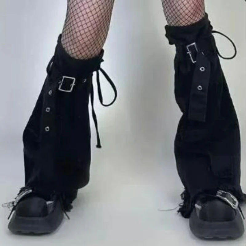 Gothic Y2k Black Leg Warmer Punk Harajuku Style Black Denim Leg Covers Vintage Drawstring Strap Boot Socks