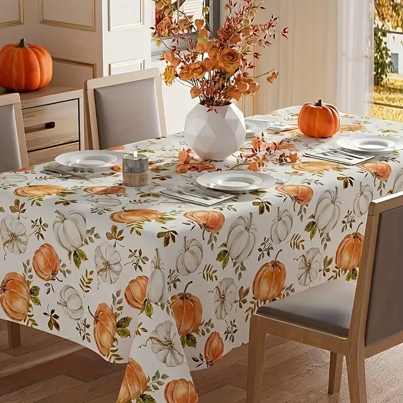 One linen tablecloth, featuring a design of autumn pumpkins and maple leaves, is perfect for Thanksgiving.zyc