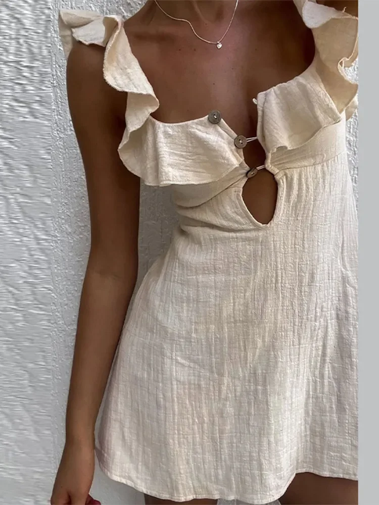 Sexy Cotton Linen Hollow Out Buttons Mini Dress Women Square Neck Backless Ruffles Short Dresses 2024 Summer High Street Vestido