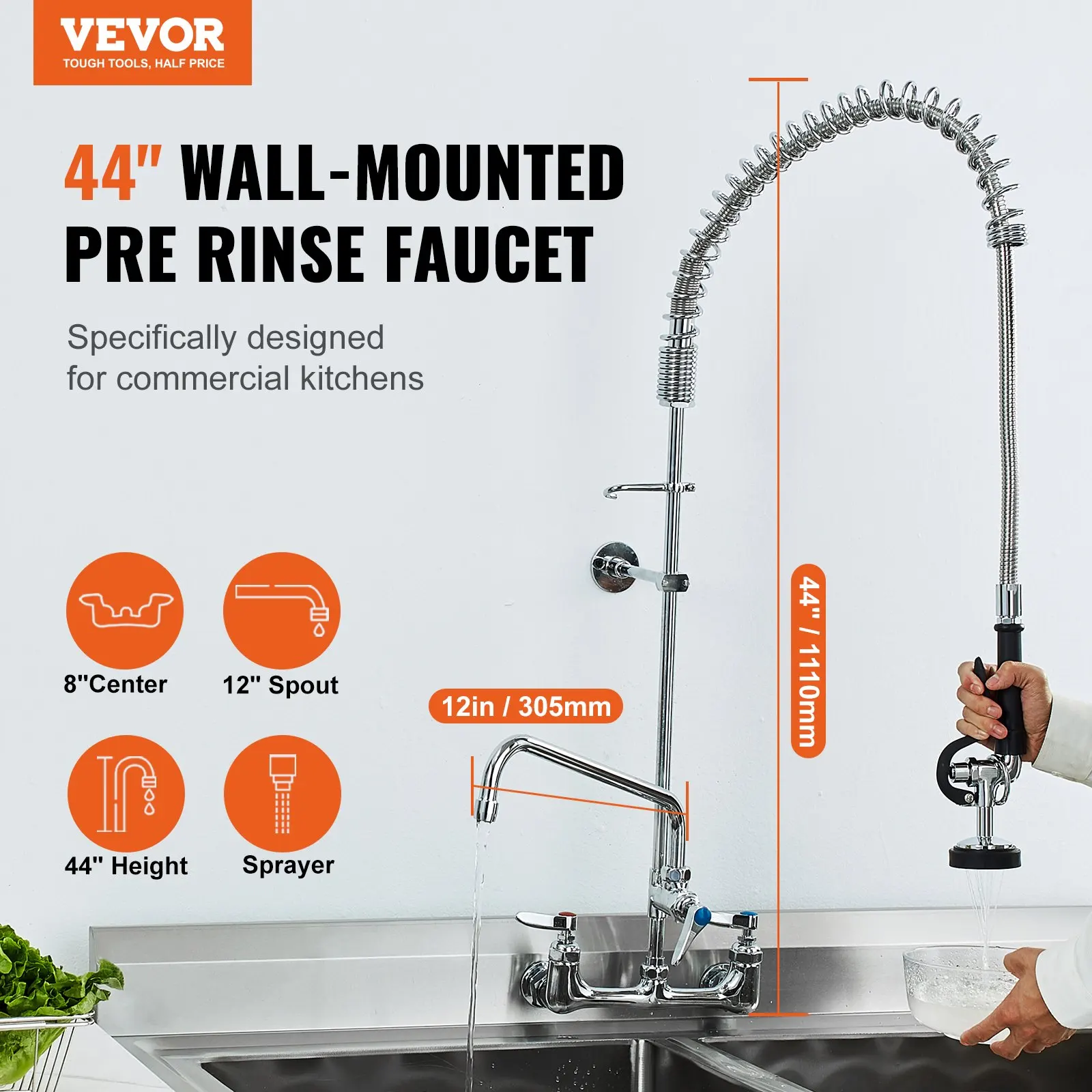 Robinet commercial, avec buse de rinçage frontale, hauteur 111 cm, distance entre centres 203 mm, sortie rotative 305 mm, robinet d'évier de cuisine mural, structure en laiton, avec buse extensible, adapté aux éviers à deux ou trois bacs