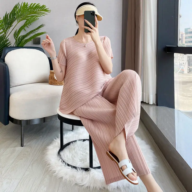 Pleated high class sets women summer loose irregular top nine straight leg pants western-style age reducing two-piece set female