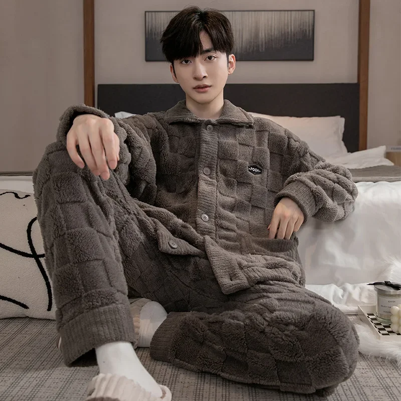 2Pcs/set men\'s pajamas autumn and winter padded and thickened warm long-sleeved trousers coral fleece homewear men\'s clothing