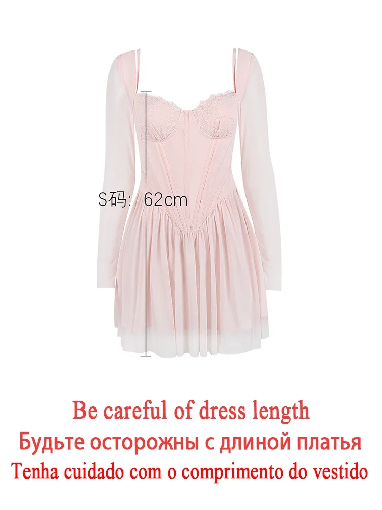 Sunin heart Herbst Mesh Langarm Kleid rosa eine Linie Bodycon Geburtstags feier Kleid Mini Urlaub Urlaub Kleid Frauen