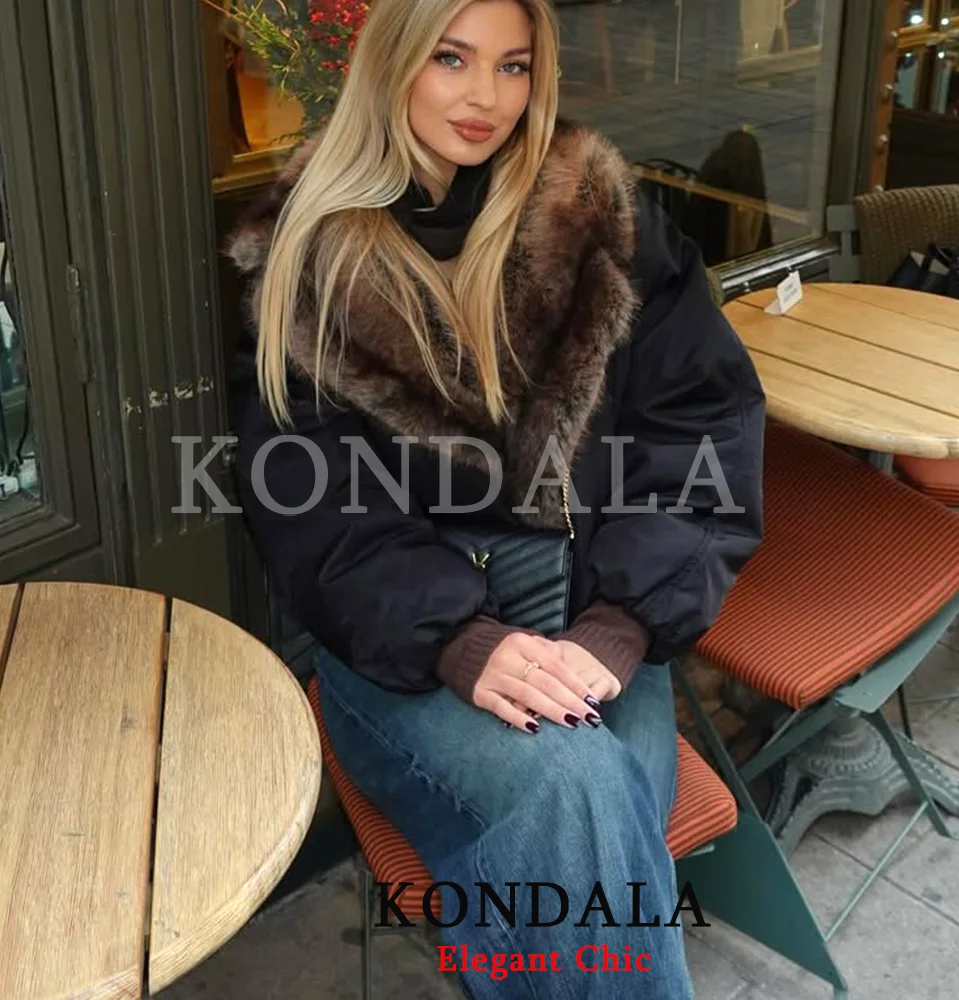 KONDALA Lady Trendy Bomber Jacket Faux Fur Lapel Loose Tomboy Jacket 2026 Spring Fashion Streetwear Outing Cool Pilot Jacket