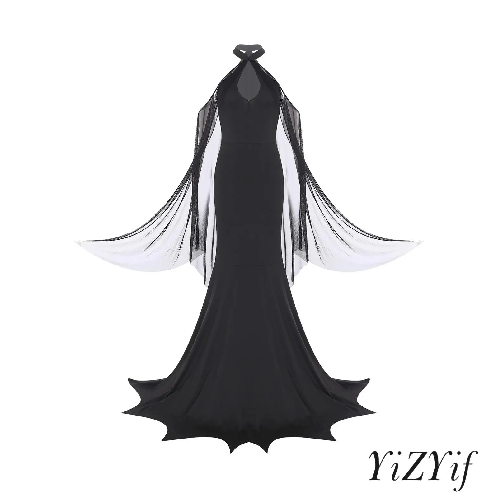 

Womens Halloween Vampire Witch Long Dress Halter Keyhole Hollow-out Mesh Cape Jagged Hem Maxi Dress Gothic Mermaid Dress