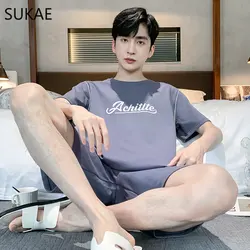 SUKAE Mens Cotton Sleepwear Short Sleeves Shorts L-4XL Lounge Set for Boy Casual Homesuits Man's Pajama Korean Leisure Homewear