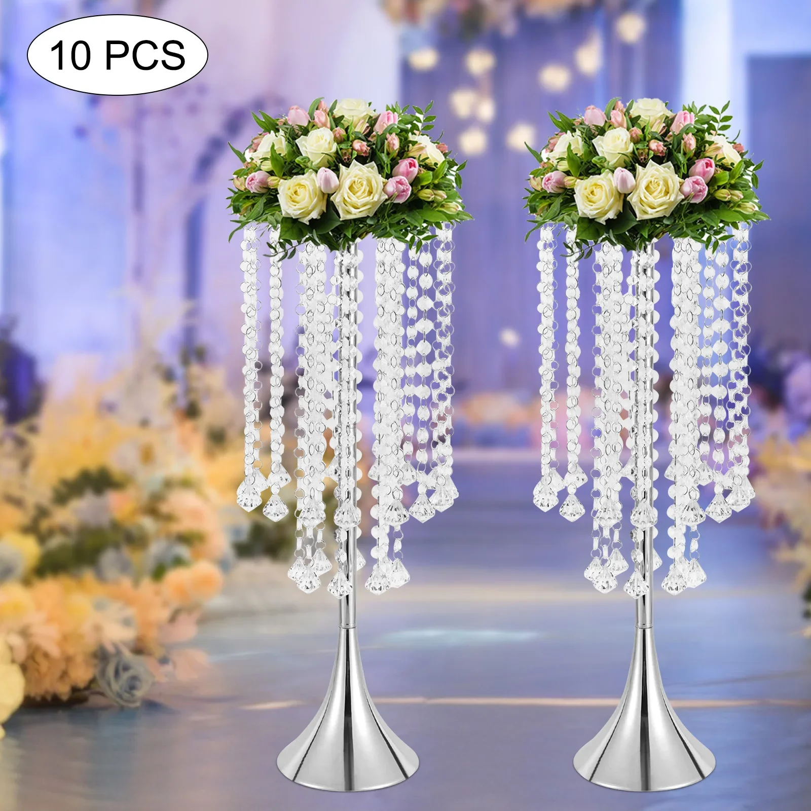 10Pcs Crystal Flower Vases Wedding Centerpieces Props Table Event Party Stage Tall Trumpet Vase 21.9