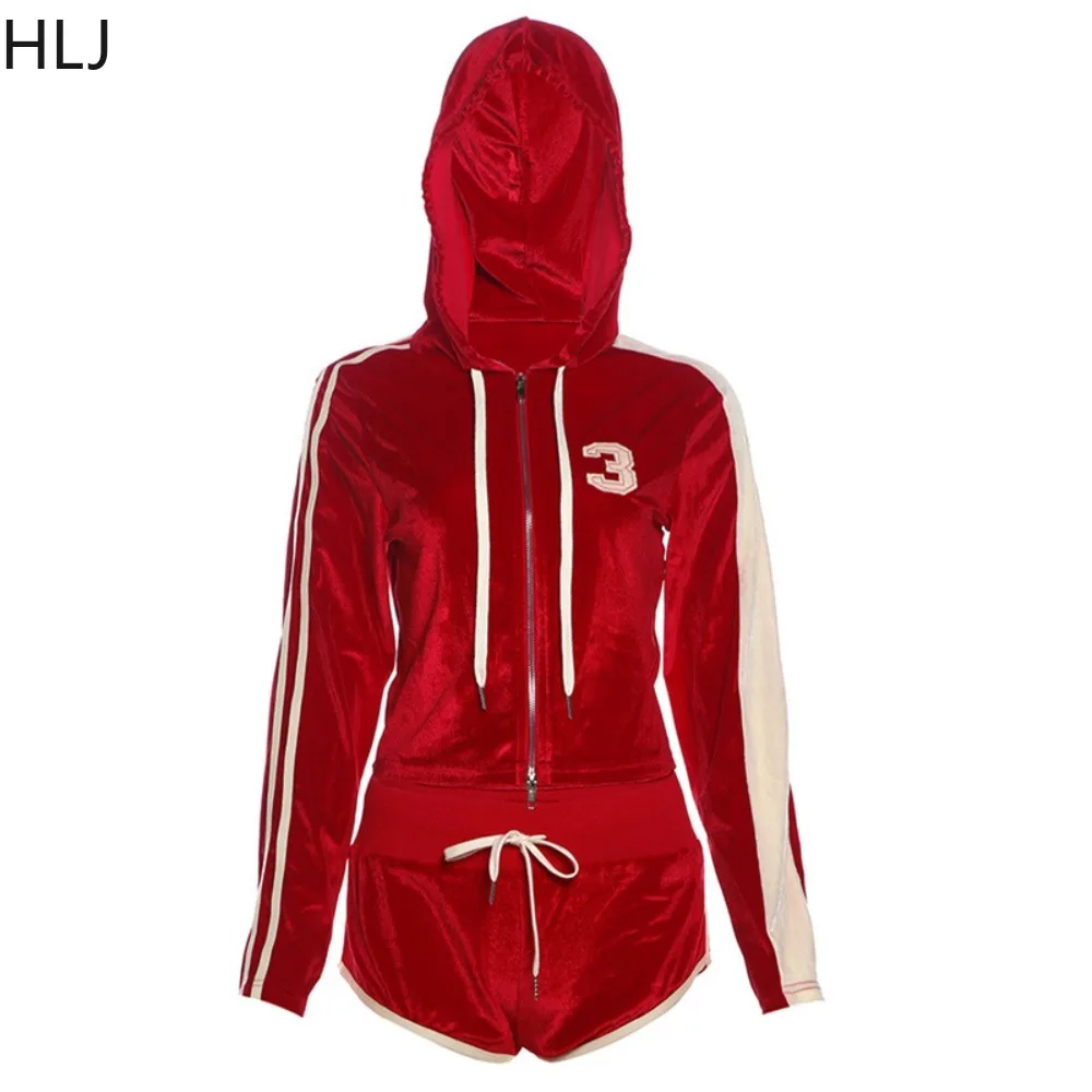 HLJ Red Fashion Velvet Zip Hooded Two Piece Sets Women Print Long Sleeve Slim Crop Top And Drawstring Shorts Outfits Streetwear