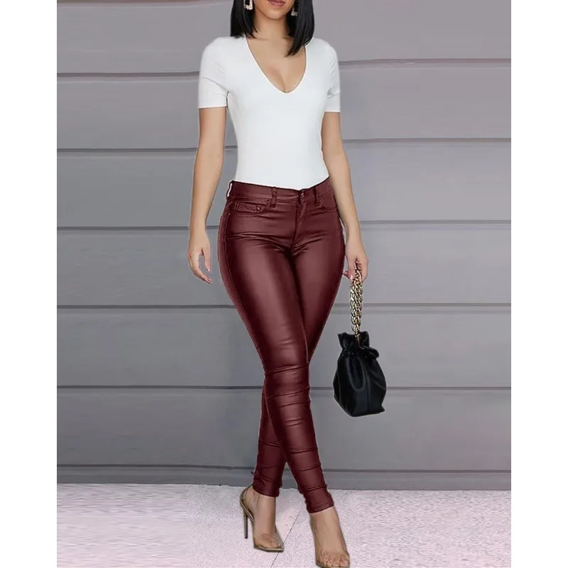 2024 Spring Summer New Women's Clothing Solid Color Sexy Slim Solid Color PU Leather Pants Skinny Pants