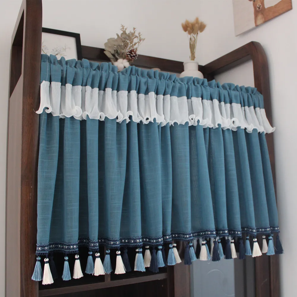 Elegant blue half curtain for bookcase dustproof partition Simple coffee short tassel curtain Kitchen decoration