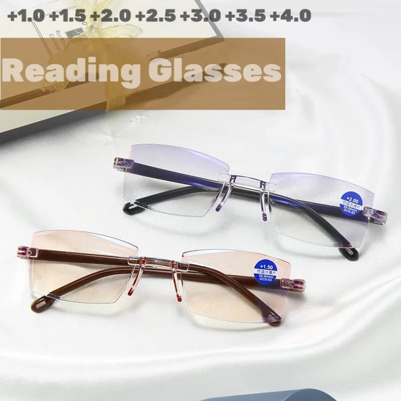 

Women Dimond Cutting Eyeglasses Classic Ultralight Rimless Reading Glasses Far sight Men Anti-blue Light Eyewear +1.0 To +4.0