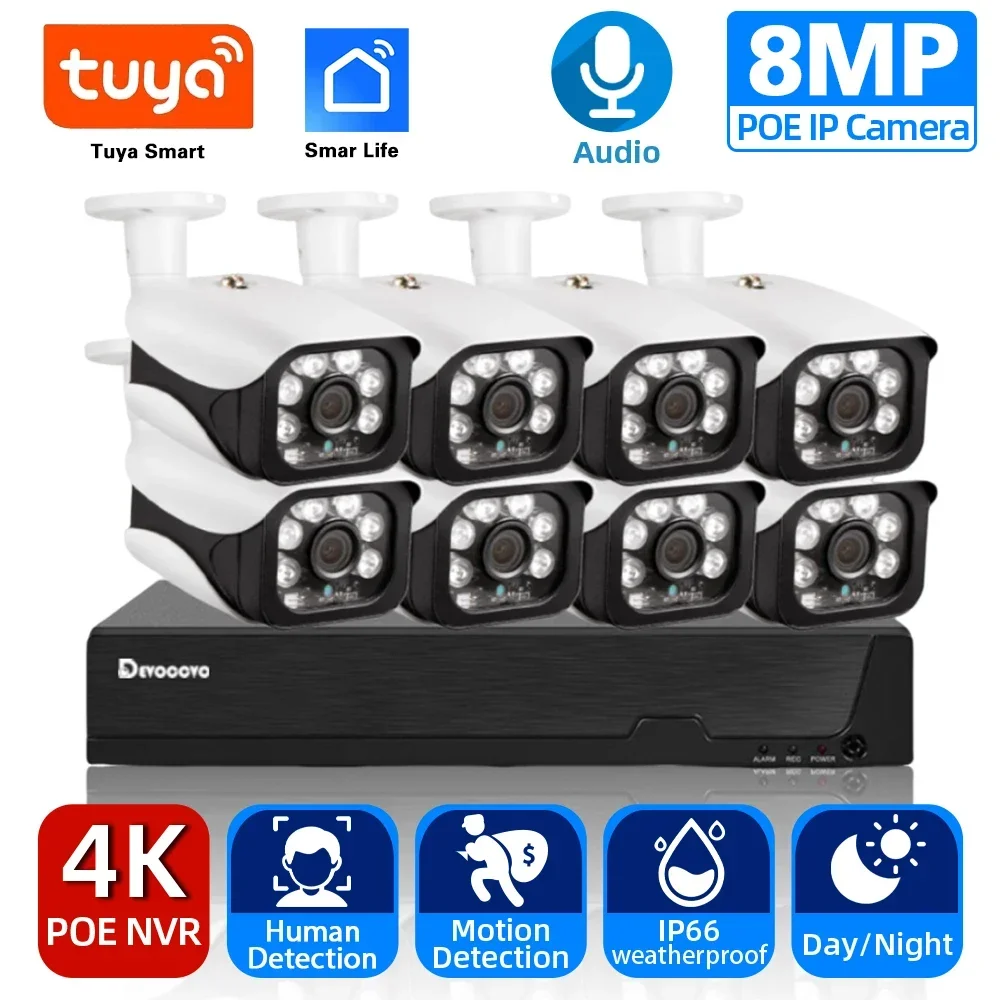 

Tuya 8CH 8MP POE NVR Kit CCTV Security System 4K Outdoor Waterproof Plug&Play IP Bullet Camera Video Surveillance System 4CH