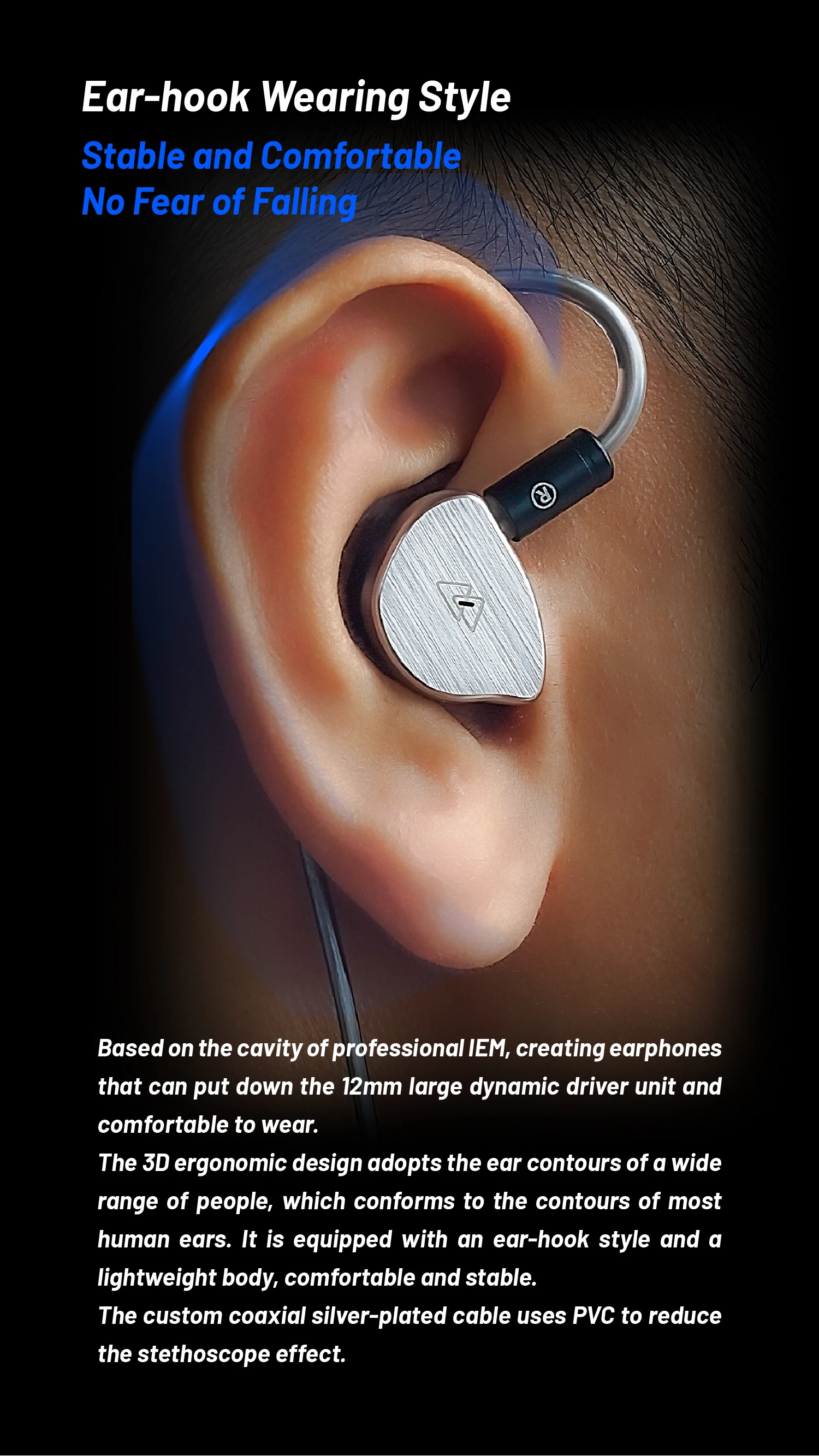 BQEYZ BQ10 12 mm PET-In-Ear-Kopfhörer mit dynamischem Treiber, HiFi-Kabelgebundene IEM-Gaming-Ohrhörer, 0,78 mm, 2-poliges, abnehmbares, versilbertes OFC-Kabel – Detail 11