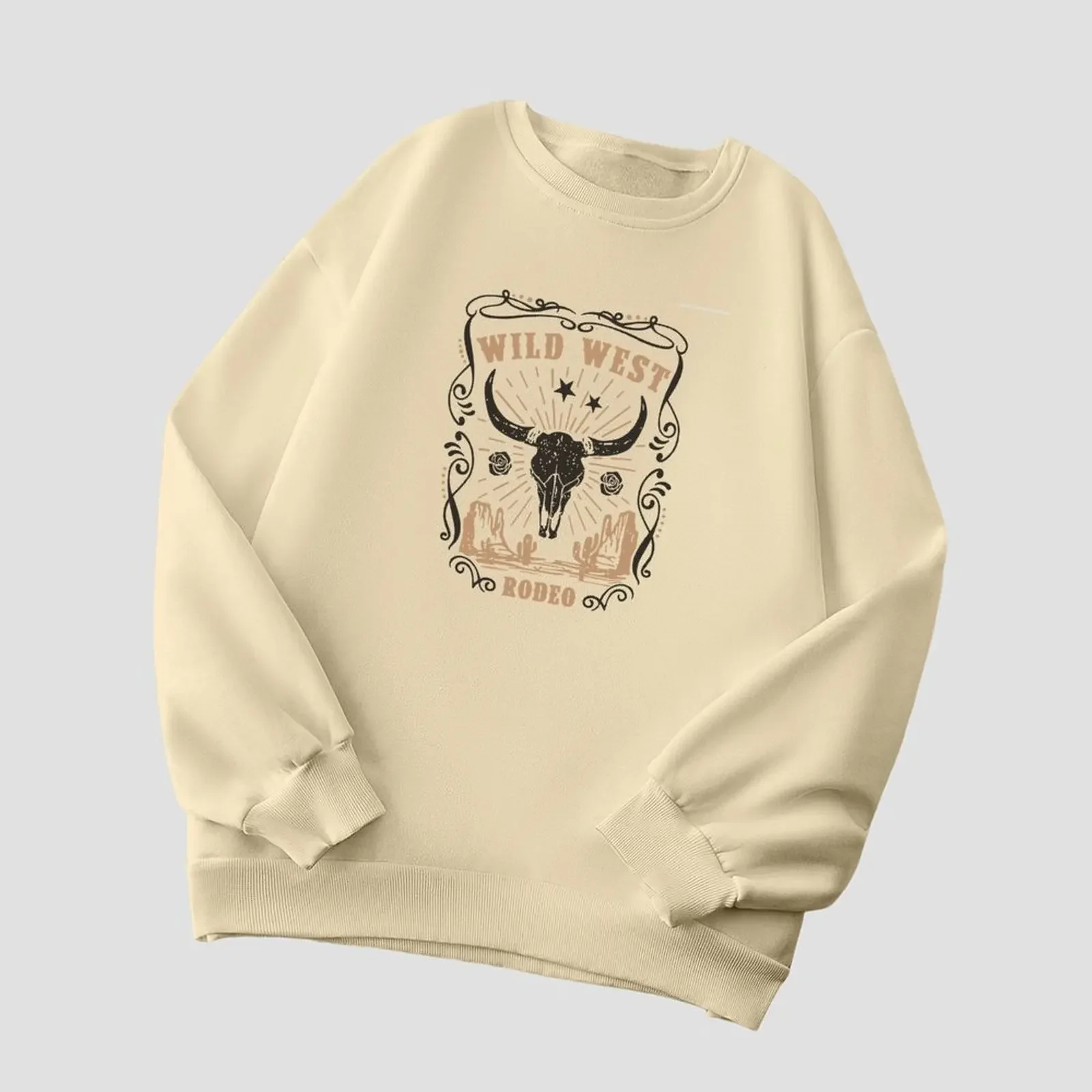 Frauen Rundhals Langarm Samt Winter Casual Modische Cowgirl Stil Kuh Schädel Druck Sweatshirt Frau Kleidung