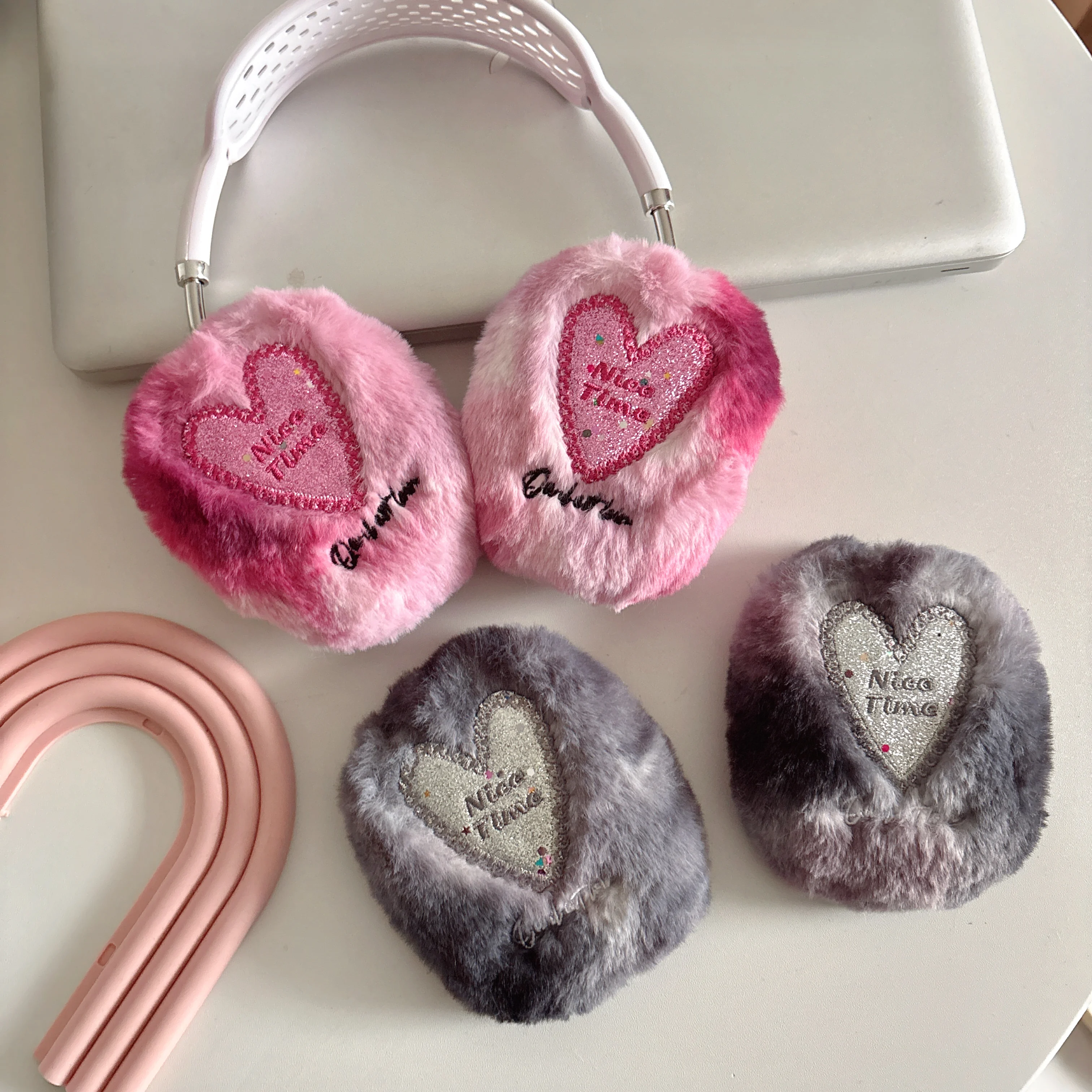 For Apple Airpods Max Unique Plush Embroidered Letter Glitter Heart Soft Fur Headphone Earphone Case Cover Protector