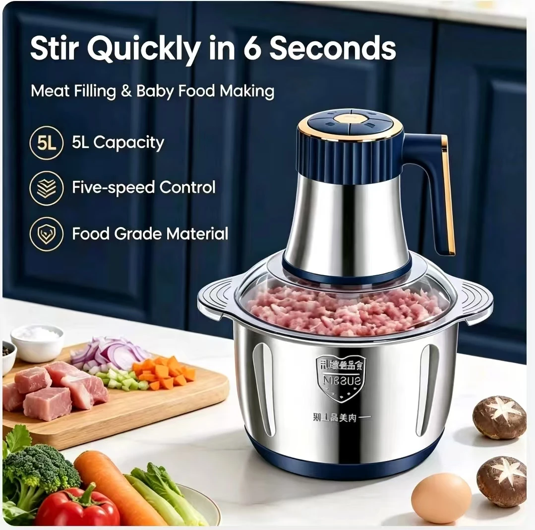 304 Stainless Steel 5L Electric Meat Grinder Multifunctional Food Crusher Vegetable Slicer Chopper Mincer Baby Food Processor