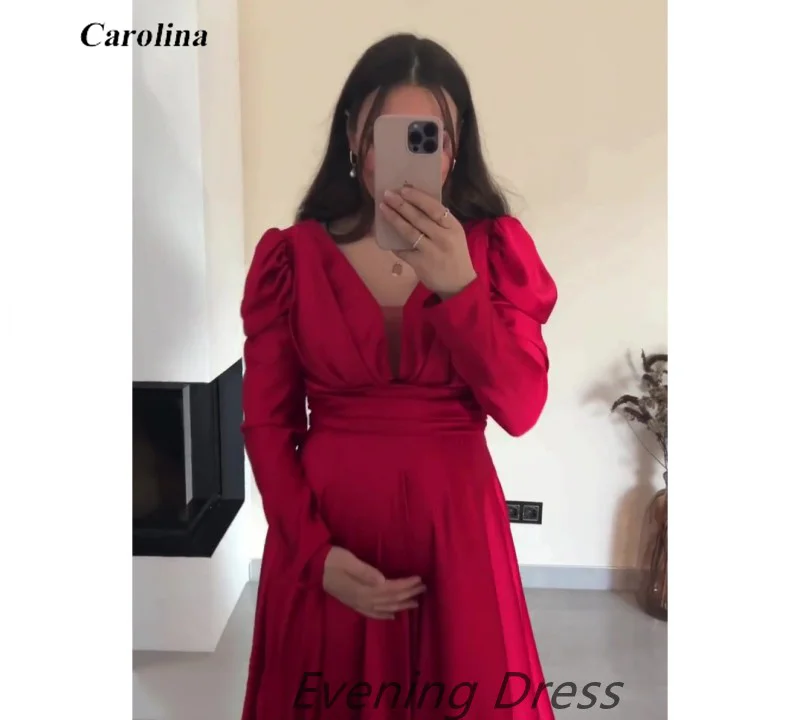 A-Line Sexy V-Neck Prom Gowns Satin Occasion Dress Long Sleeves Robe De Soirée Women Elegant Pregnant Evening Party Dress