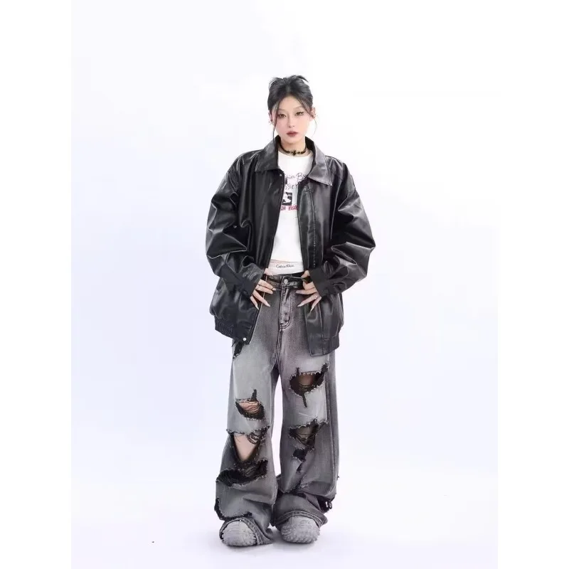 Women's Jacket Loose Long Sleeves Brown Lapels Zipper Leather Jacket Autumn Winter Casual Tops Black PU Leather Motorcycle Coat