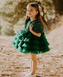 Luxurious Flower Girl Dress Green Puffy Girls Party Dresses for Wedding Short Sleeves Tulle Kids Christmas Ceremonial Dress