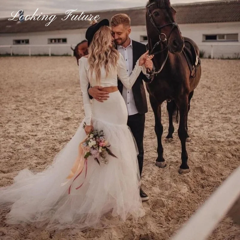 Vestido de Novia sencillo de tul blanco de sirena, traje de 2 piezas de la paz, sin tirantes, satén 2024, liso, tren de barrido