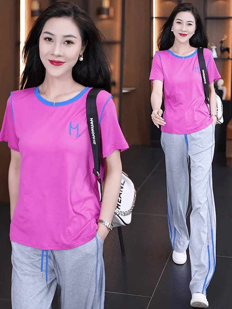 

Chic Cotton Sportswear Set Summer New Arrival Women's Short Sleeve Wide Leg Pants Casual Two Piece Suit Age Defying Trendy