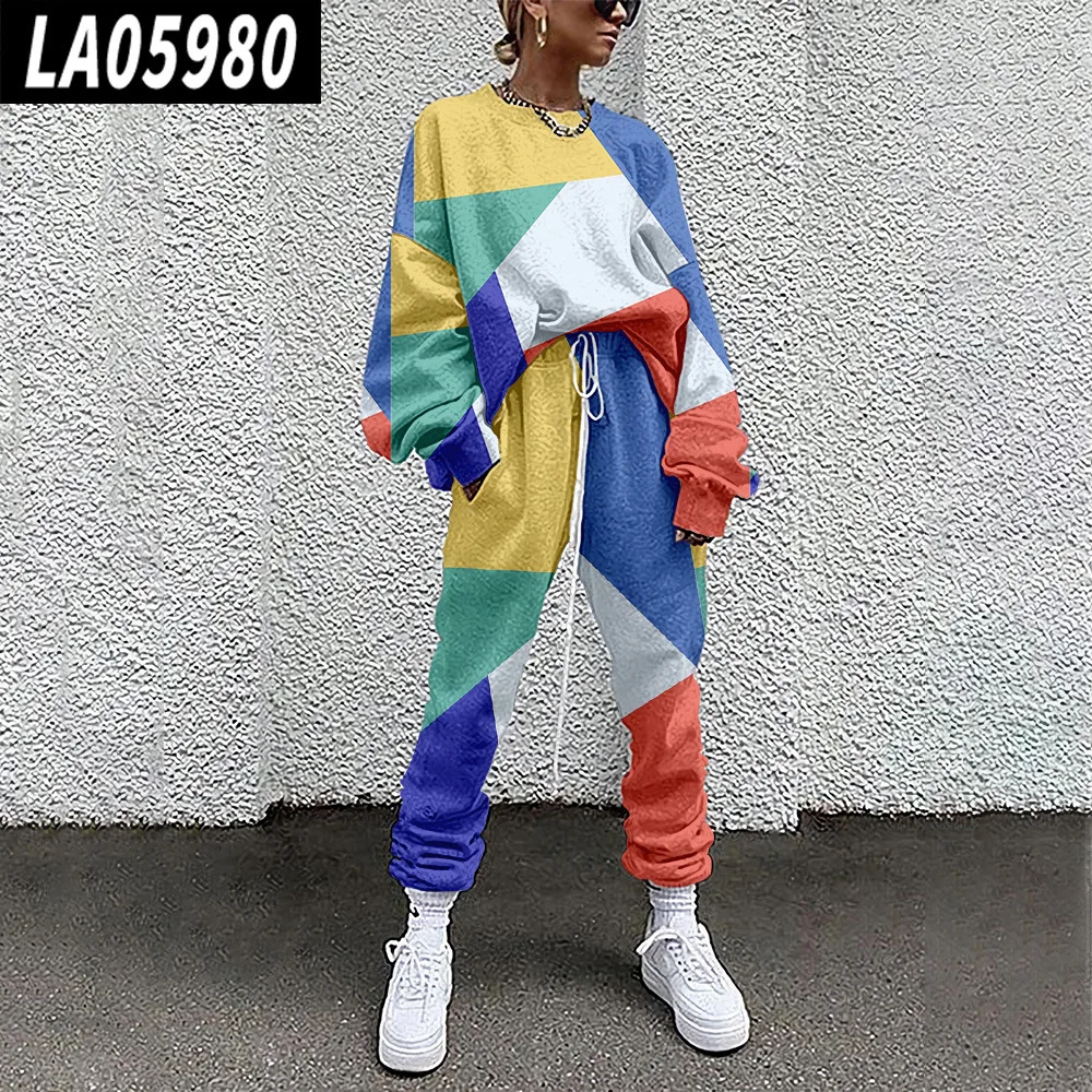 Sweat-shirt à manches longues pour femmes, imprimé à carreaux violets, pull et pantalon, vêtements de sport décontractés, printemps-automne