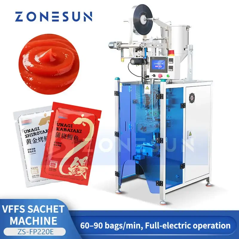 ZONESUN ZS-FP220E Fully Electric Paste Sachet VFFS Filling Sealing Machine For Cream,Jam,Sauces