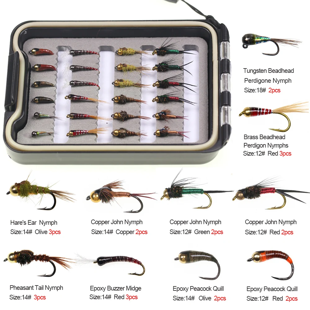 36pcs/box Handmade Assortment Fly Fishing Flies Kit Fishing ith Copper John Hare's Ear Nymph Pheasant Tail Epoxy Buzzer Nymph