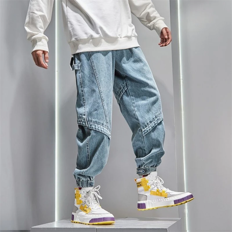 Men Jeans High Street Harem Pants Blue Washed Jeans Elastic Waist Loose Trousers Male Jeans Pour Hommes