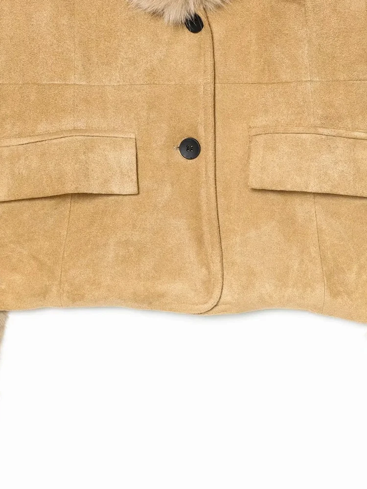 Женская новая стильная куртка из искусственного меха, женское однотонное пальто с лацканами и длинными рукавами, карманами на пуговицах, осенне-зимняя повседневная женская верхняя одежда