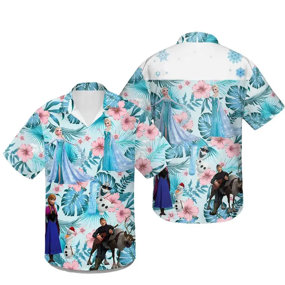 Camisa havaiana floral feminina e disney elsa, camisa de praia de manga curta, congelada, princesa, verão