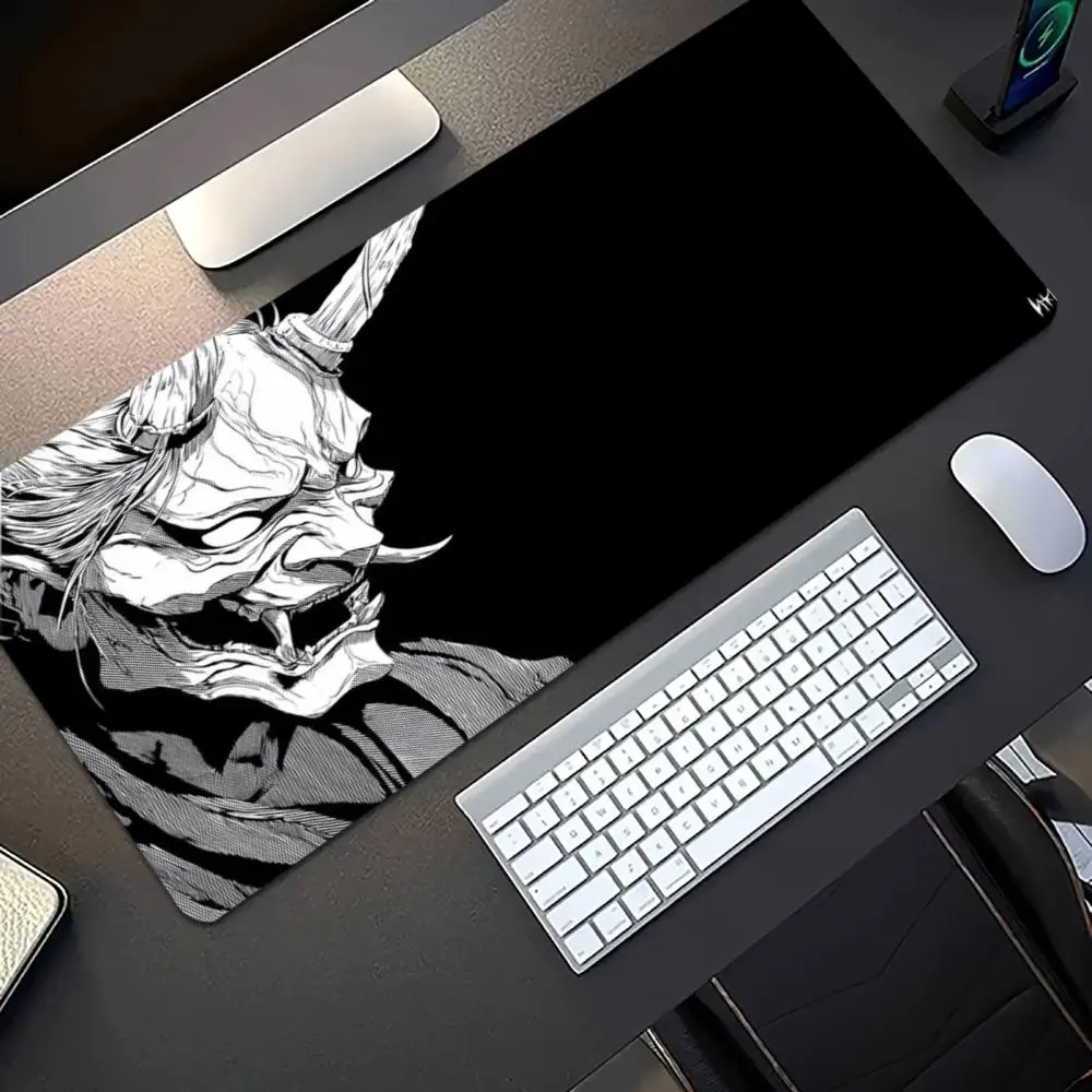 Desk Mat Monochrome Samurai Warrior Print Stitched Edge Anti‑Slip Rubber Base Mouse Pad for Gaming Working Home Office