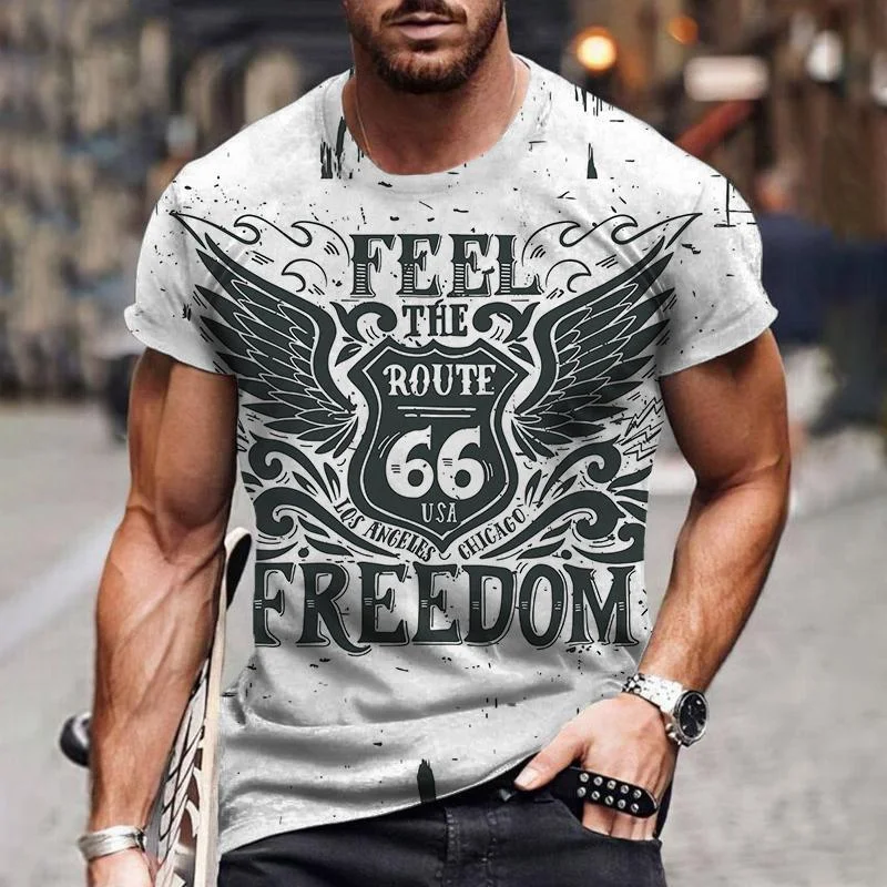 Summer Vintage Route 66 Print Men's T-shirt American West Cowboy Short Sleeve Casual Nostalgic Oversized Men's Clothing Tops 6xl