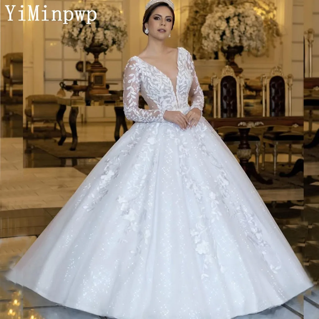 

2025 Backless Ball Gown Wedding Dresses for Bride V Neck Long Sleeve Sweep Train Appliques Sequined Bridal Gowns Customized