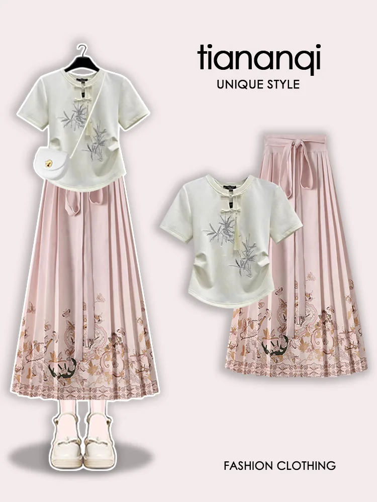 

Новая китайская модная женская одежда больших размеров для полных женщин: плиссированная юбка из шелка с принтом «Бамбуковые чернила» и пуговицами, розовая