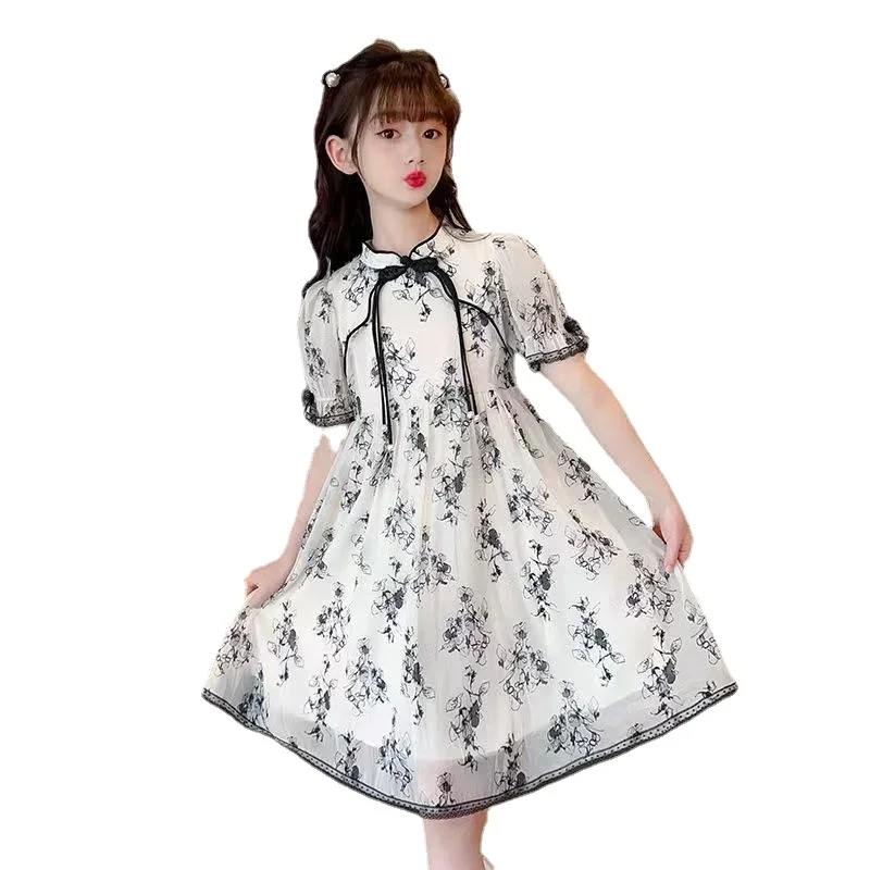 Girls Dress Summer New Vintage Qipao Dress Ink Painted Children\'s Princess Dress Summer Flower Girl Dresses 4 5 8 10 11 12 Year