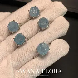 10MM Natural Aquamarine Ring  Adjustable Female flower Jewelry for Women Gift Wholesale High Quality Vintage Fine