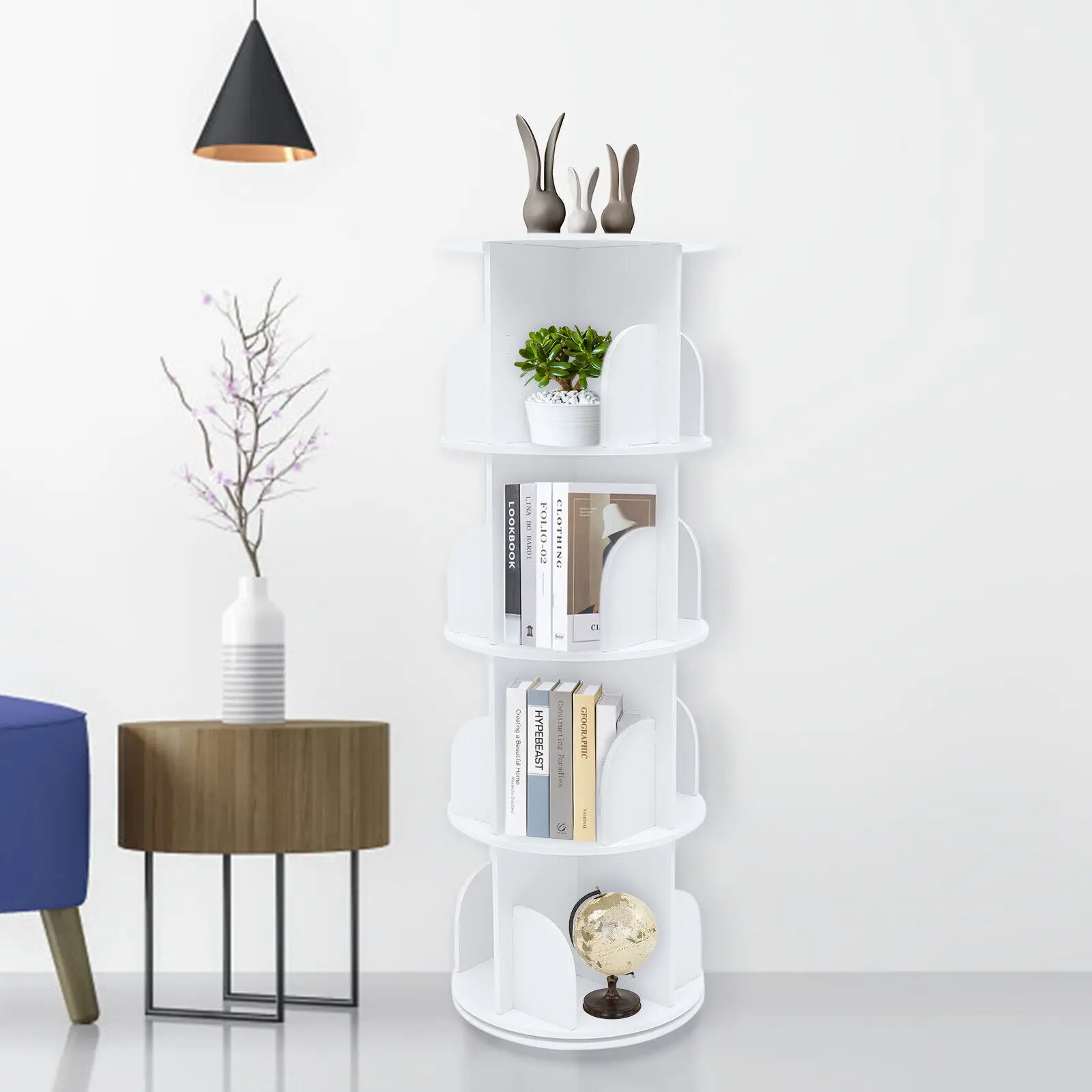 

4 Layers Rotating Bookshelf 360° Bookcase Freestanding Living Room Bedroom Office Book Storage Shelf Display Rack White