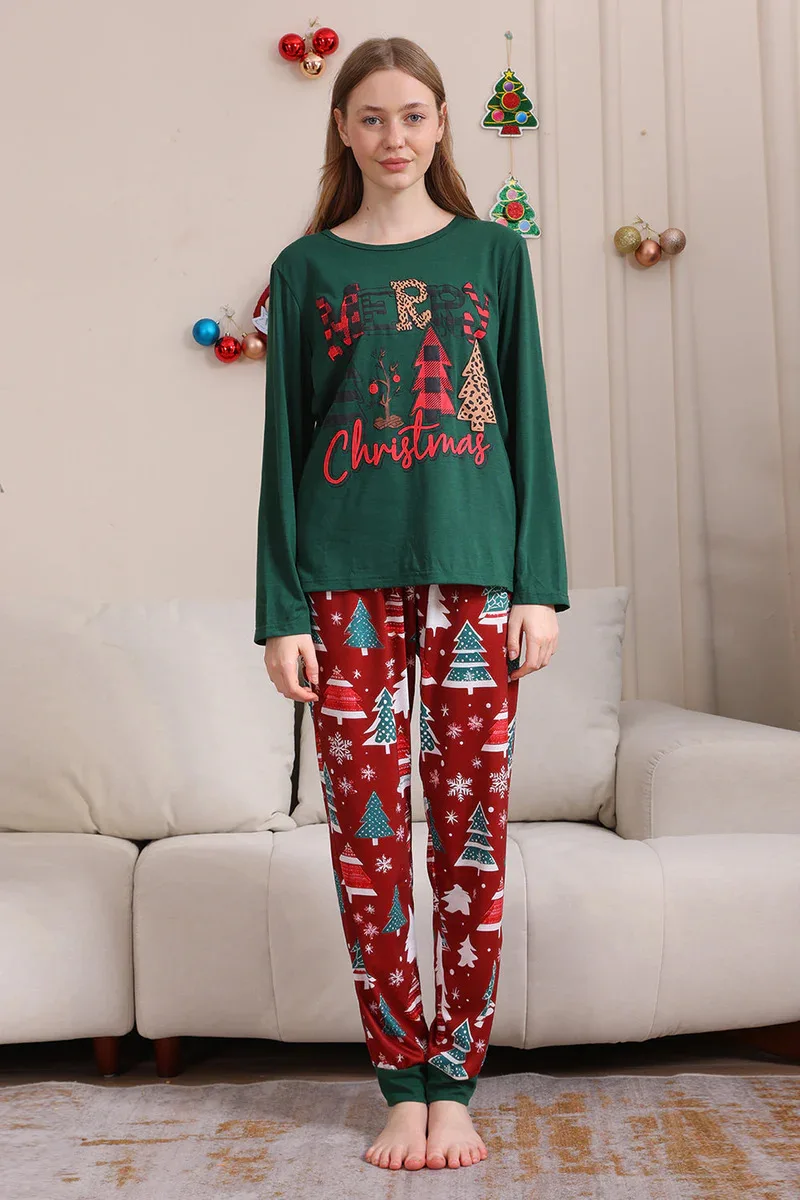 Xmas Gift Family Matching Pajamas Christmas Tree Print Top+Pants 2 Pieces Suit Sleepwear Parent‑Child 2 Pcs Pyjamas Set Holiday