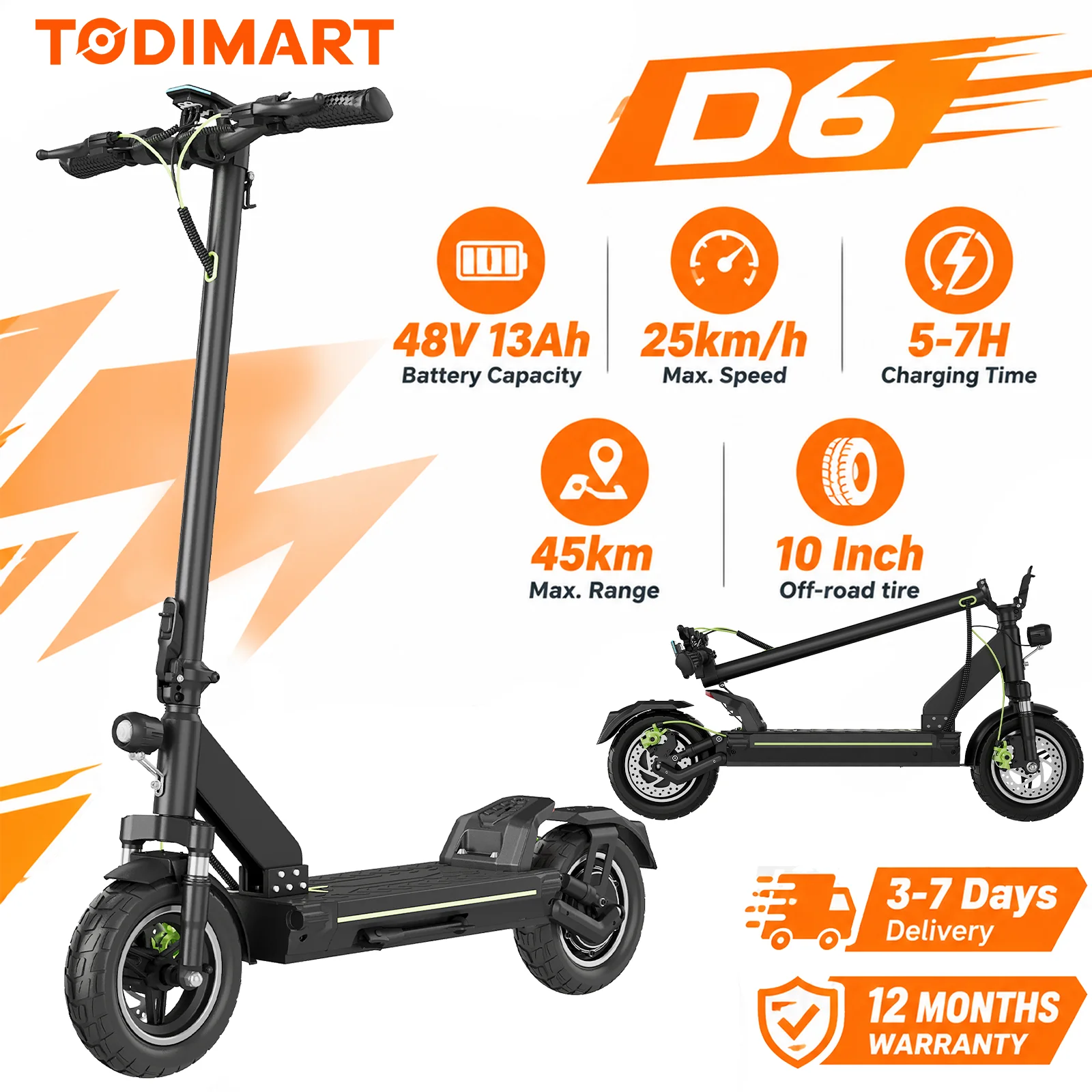 Todimart D6, patinete eléctrico para adultos, batería de 48 V y 13 Ah, autonomía de 45 km, neumáticos todoterreno de 10 pulgadas